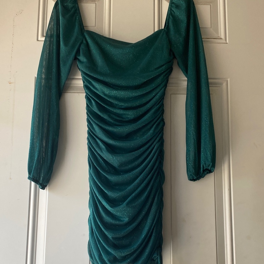 Jump Teal Long Sleeve Ruched Dress